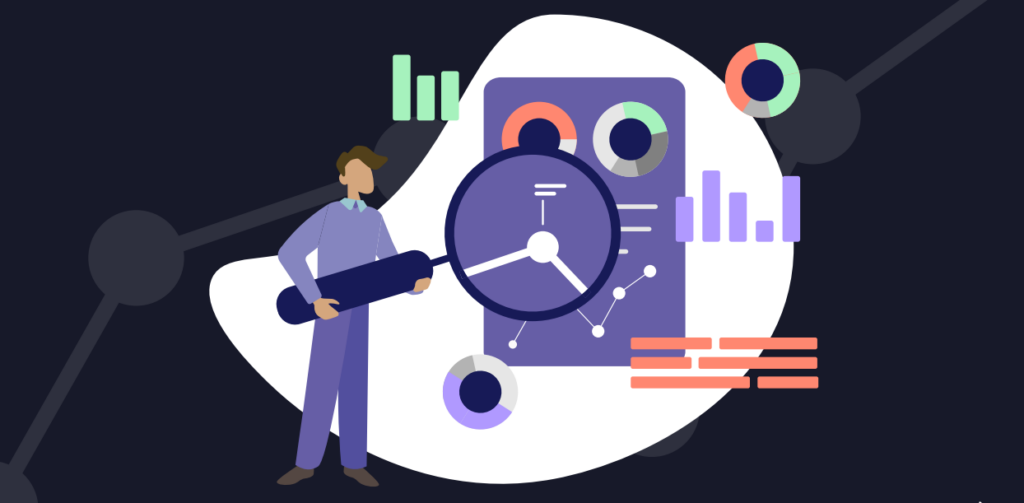 The Data Management Guide - Vector of a man putting a magnifying glass up to a machine.