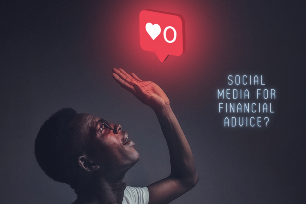 Finfluencers: A man reaches up to a floating 'like' button, about to press it.